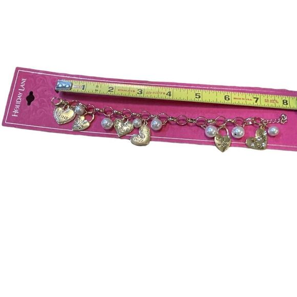 NWT Holiday Lane Gold-Tone Pavé Valentine Heart & Imitation Pearl Charm Bracelet - Picture 4 of 6